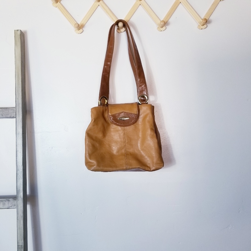 CAPEZIO MUSTARD GOLD COLOR WITH BROWN THREE MAIN COMPARTMENTS SNAP CLOSURE